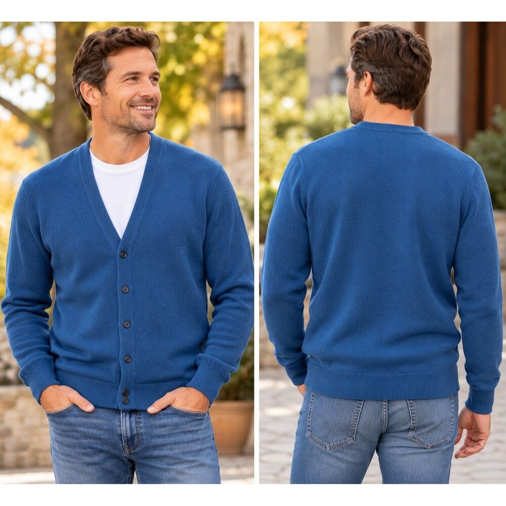 Vintage Jantzen Sweater Mens Large Blue V Neck Cardigan Made in USA